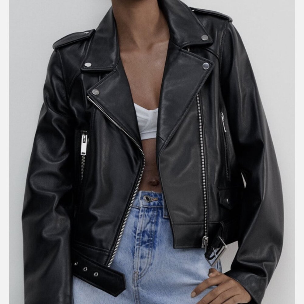 ZARA 100% Lambskin Leather Biker Jacket Size S 🖤 - Picture 10 of 16